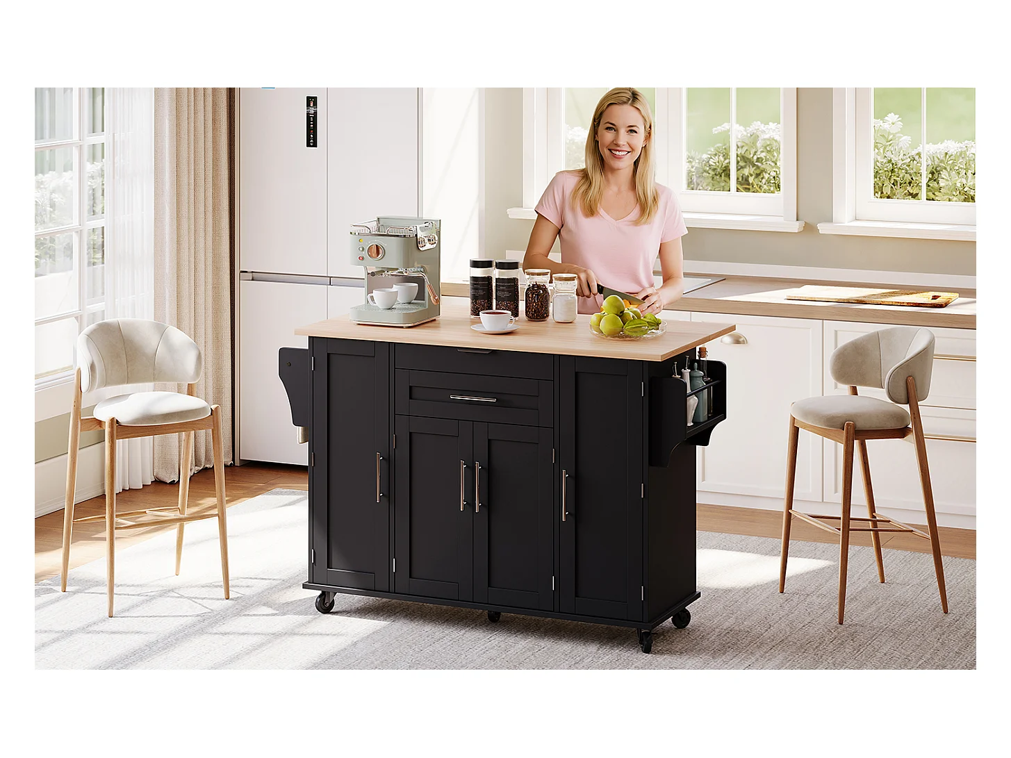 Îlot central mobile avec plan de travail extensible + 2 tiroirs + 4 portes - 136 x 45/70 x 92 cm - MDF - noir