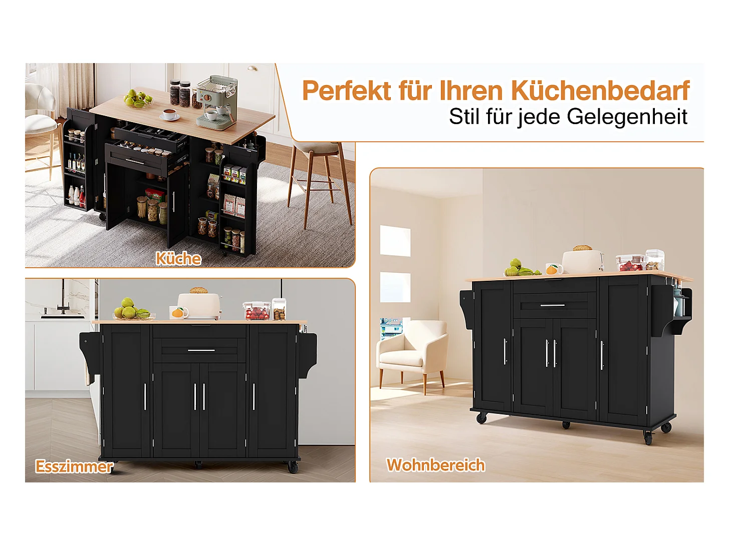 Îlot central mobile avec plan de travail extensible + 2 tiroirs + 4 portes - 136 x 45/70 x 92 cm - MDF - noir