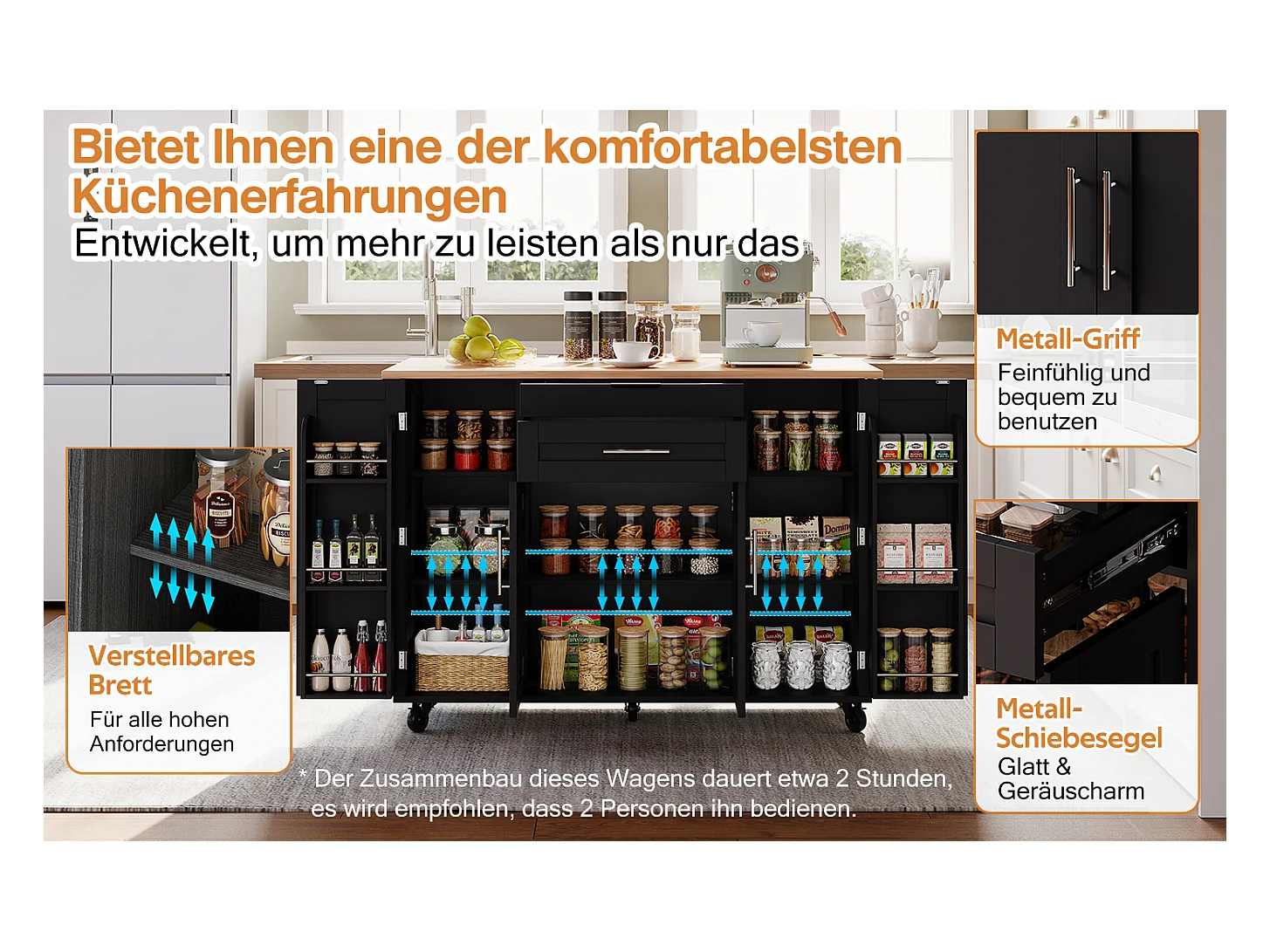 Îlot central mobile avec plan de travail extensible + 2 tiroirs + 4 portes - 136 x 45/70 x 92 cm - MDF - noir