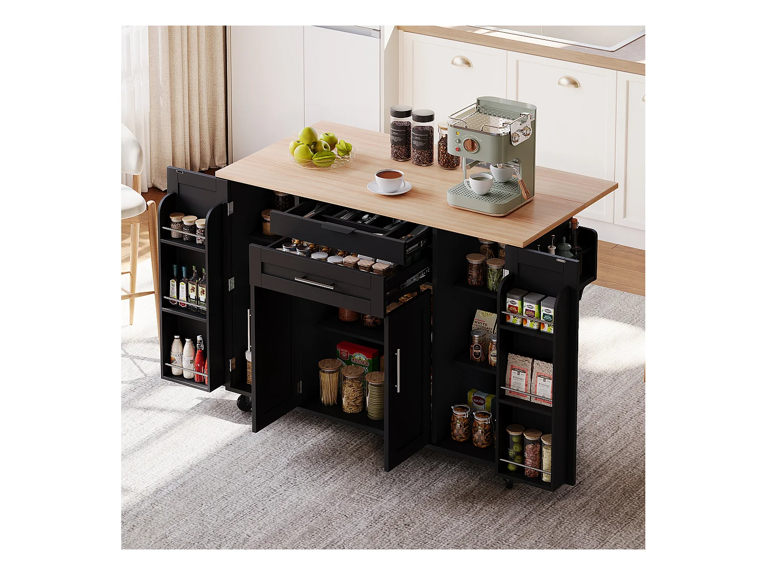 Îlot central mobile avec plan de travail extensible + 2 tiroirs + 4 portes - 136 x 45/70 x 92 cm - MDF - noir