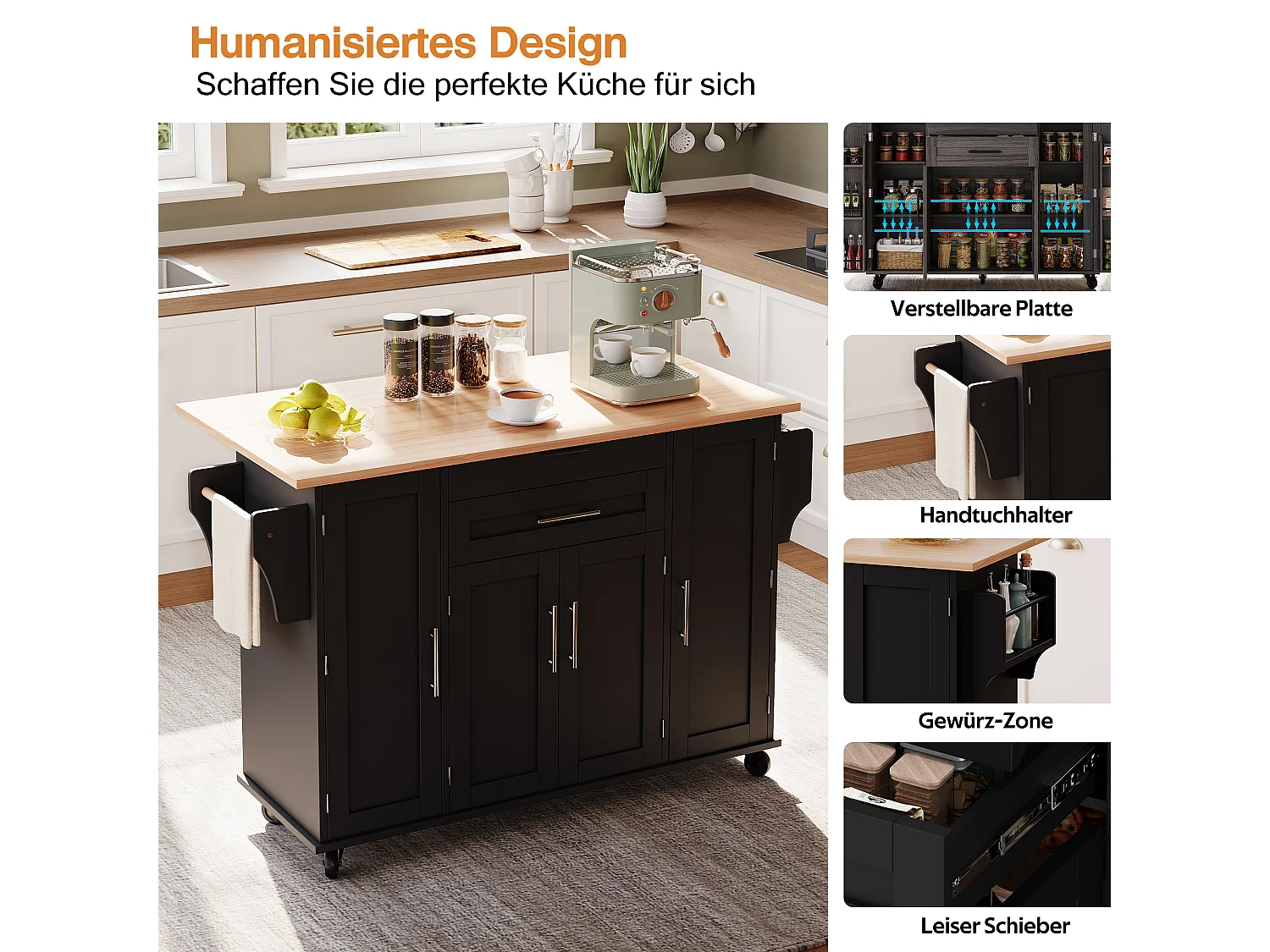 Îlot central mobile avec plan de travail extensible + 2 tiroirs + 4 portes - 136 x 45/70 x 92 cm - MDF - noir