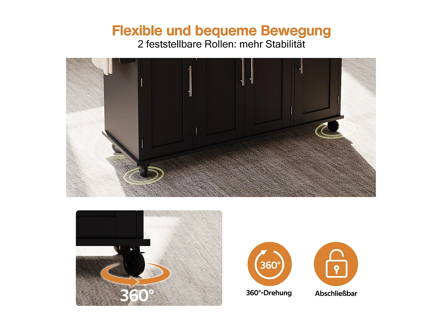 Îlot central mobile avec plan de travail extensible + 2 tiroirs + 4 portes - 136 x 45/70 x 92 cm - MDF - noir