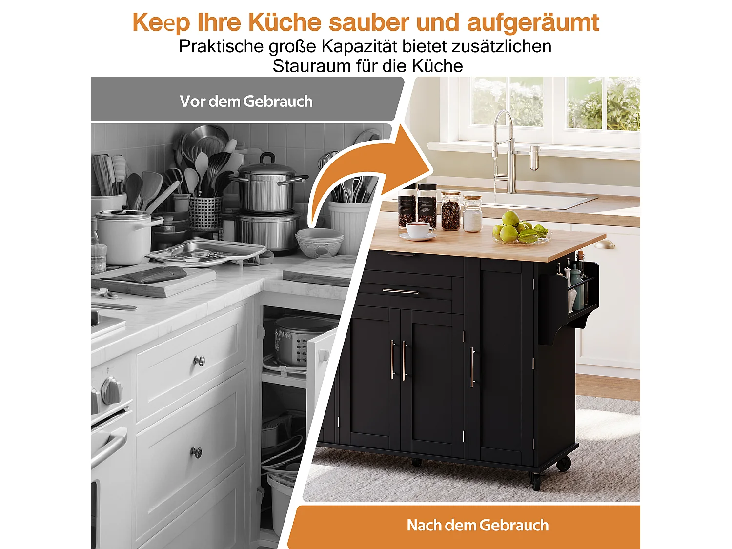 Îlot central mobile avec plan de travail extensible + 2 tiroirs + 4 portes - 136 x 45/70 x 92 cm - MDF - noir