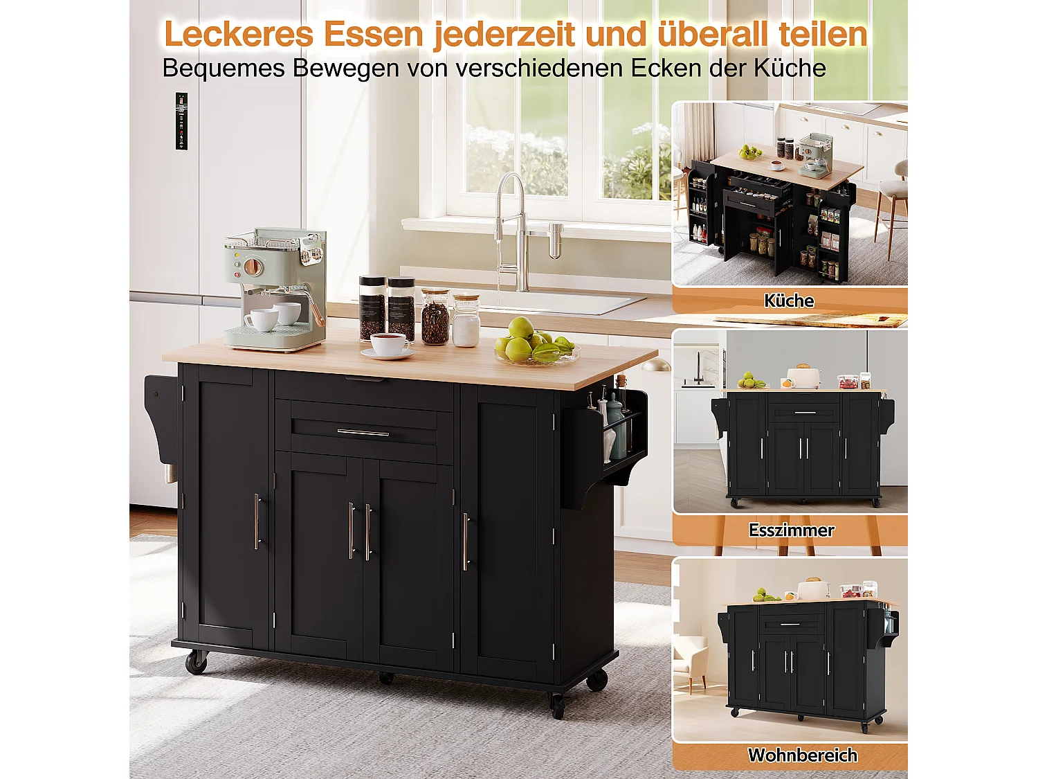 Îlot central mobile avec plan de travail extensible + 2 tiroirs + 4 portes - 136 x 45/70 x 92 cm - MDF - noir