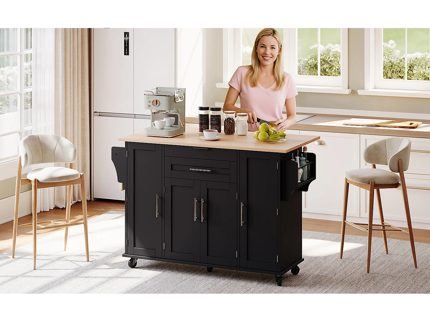 Îlot central mobile avec plan de travail extensible + 2 tiroirs + 4 portes - 136 x 45/70 x 92 cm - MDF - noir