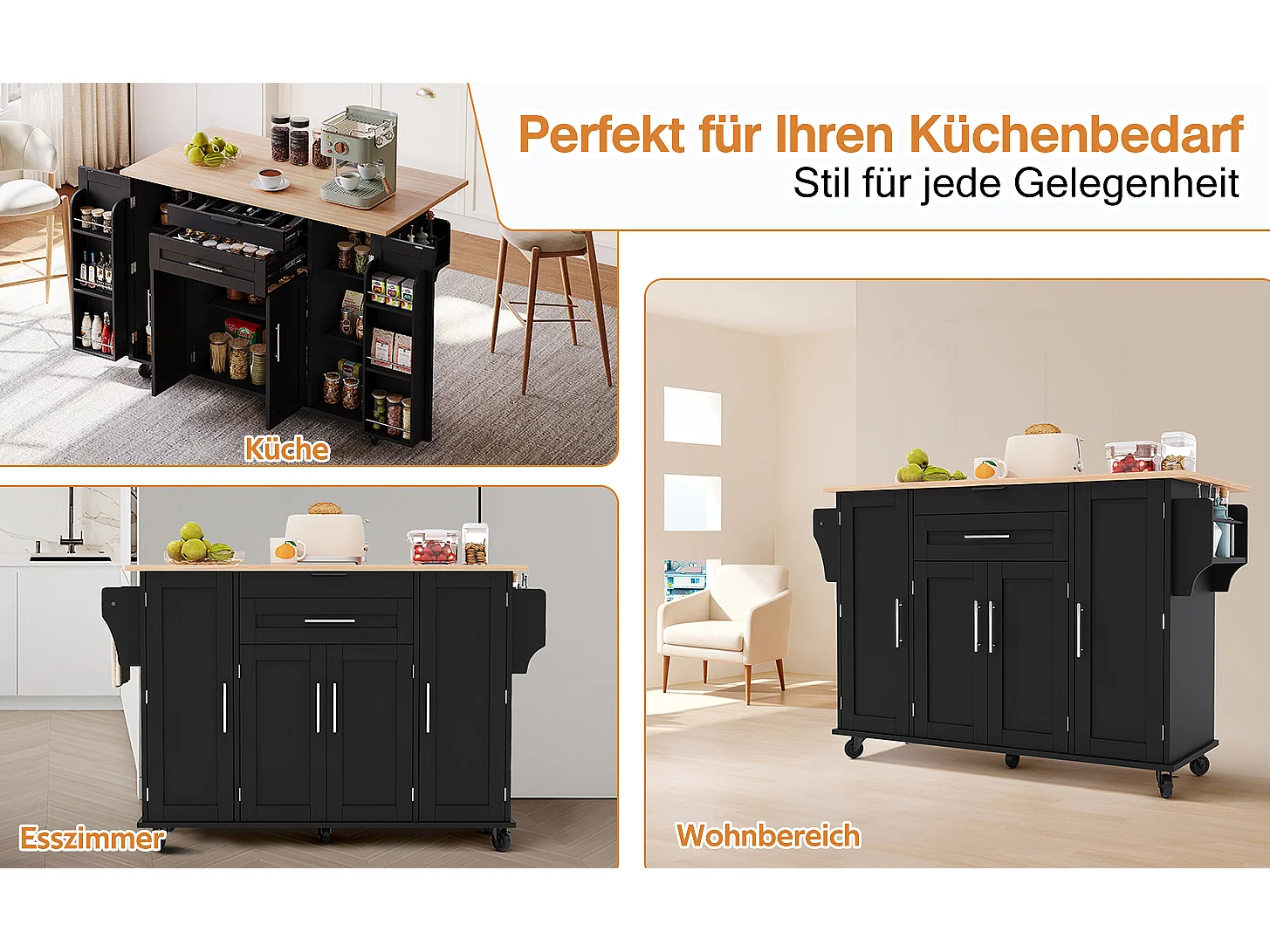 Îlot central mobile avec plan de travail extensible + 2 tiroirs + 4 portes - 136 x 45/70 x 92 cm - MDF - noir