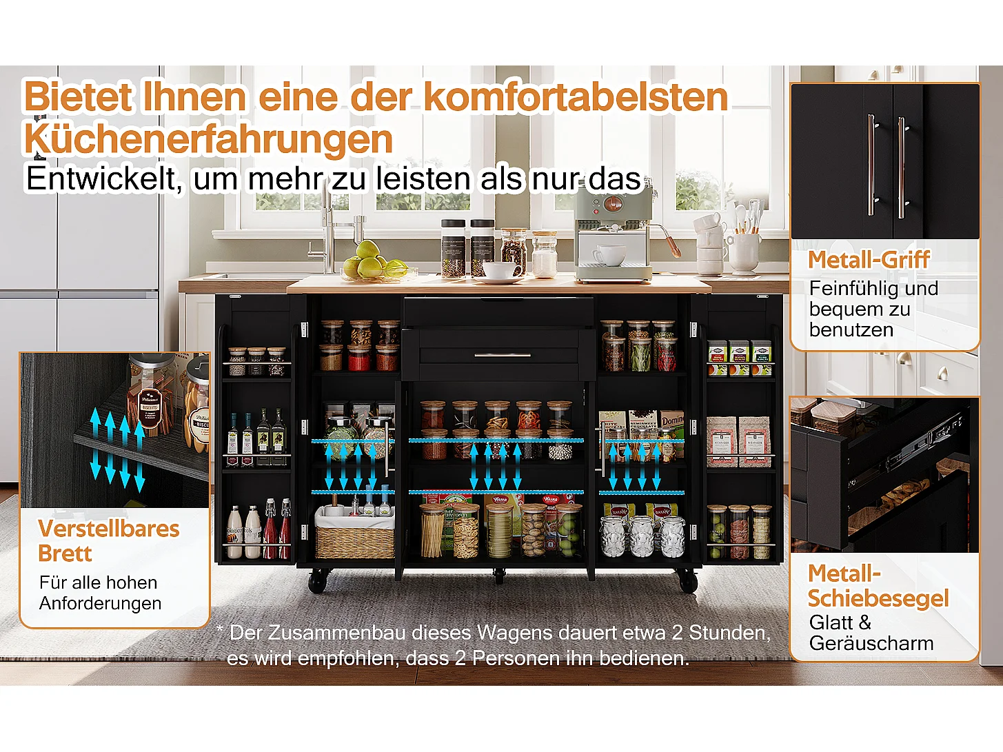 Îlot central mobile avec plan de travail extensible + 2 tiroirs + 4 portes - 136 x 45/70 x 92 cm - MDF - noir