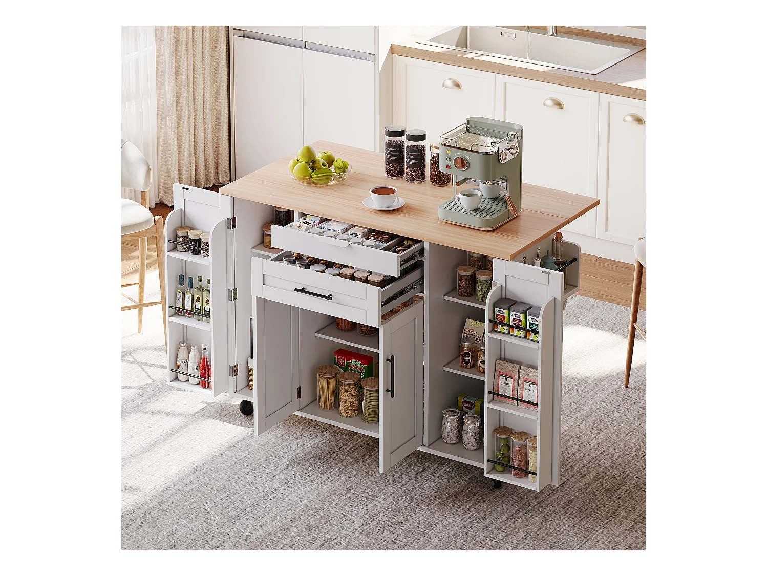 Îlot central mobile avec plan de travail extensible + 2 tiroirs + 4 portes - 136 x 45/70 x 92 cm - MDF - blanc