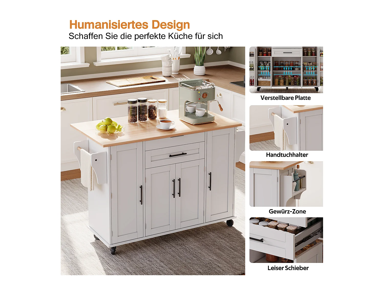 Îlot central mobile avec plan de travail extensible + 2 tiroirs + 4 portes - 136 x 45/70 x 92 cm - MDF - blanc