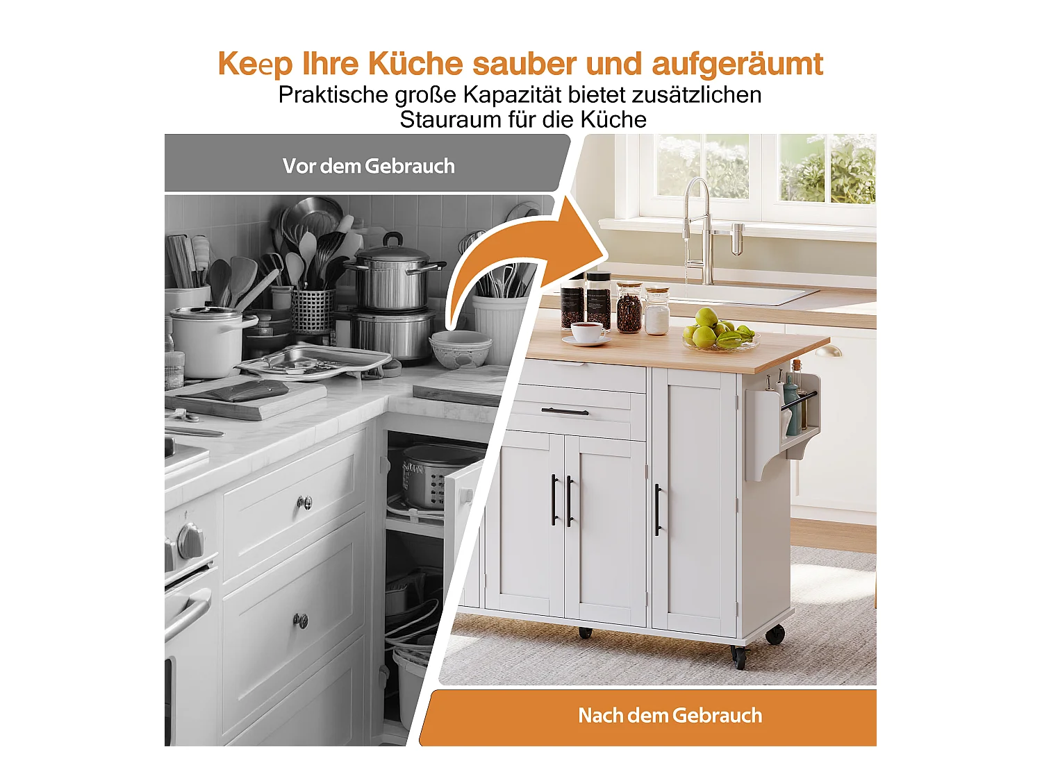 Îlot central mobile avec plan de travail extensible + 2 tiroirs + 4 portes - 136 x 45/70 x 92 cm - MDF - blanc