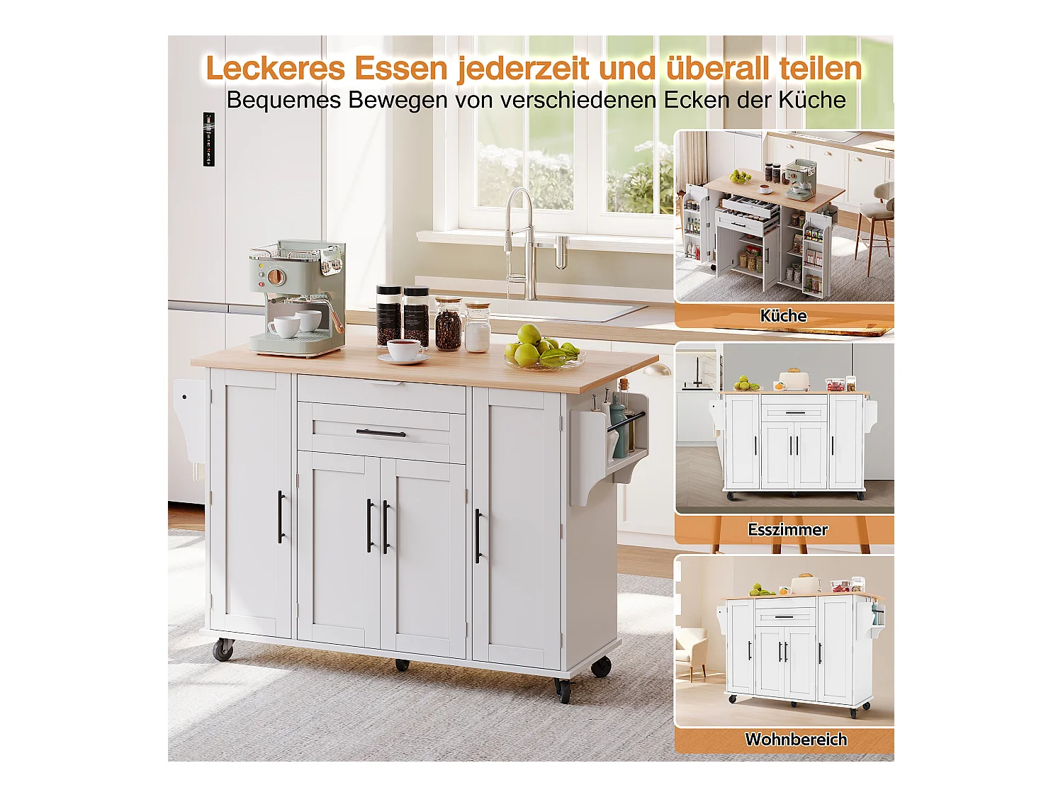 Îlot central mobile avec plan de travail extensible + 2 tiroirs + 4 portes - 136 x 45/70 x 92 cm - MDF - blanc