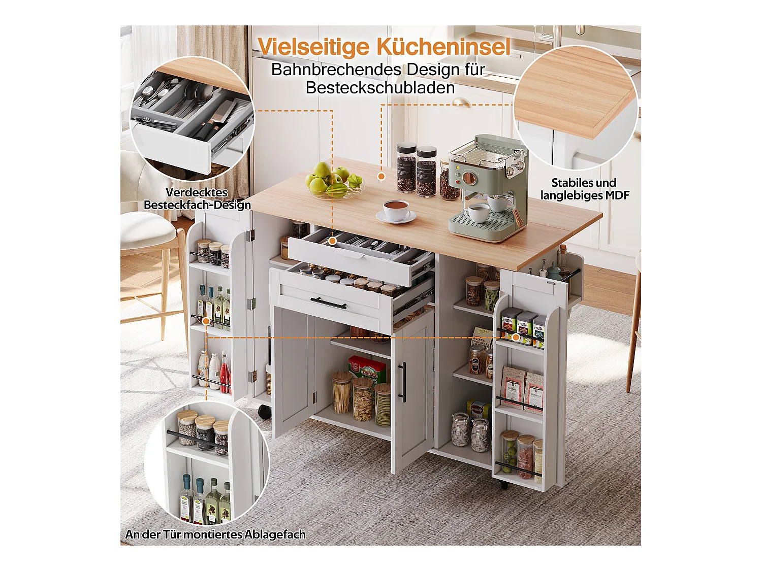 Îlot central mobile avec plan de travail extensible + 2 tiroirs + 4 portes - 136 x 45/70 x 92 cm - MDF - blanc