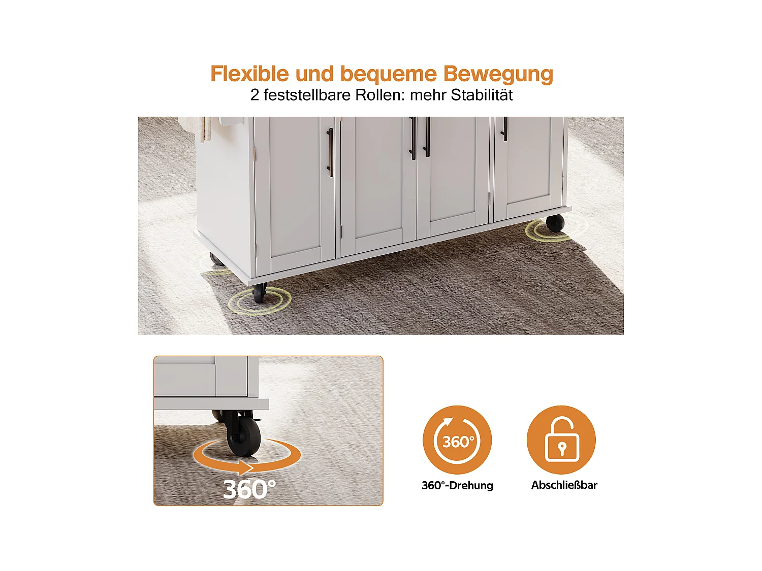 Îlot central mobile avec plan de travail extensible + 2 tiroirs + 4 portes - 136 x 45/70 x 92 cm - MDF - blanc