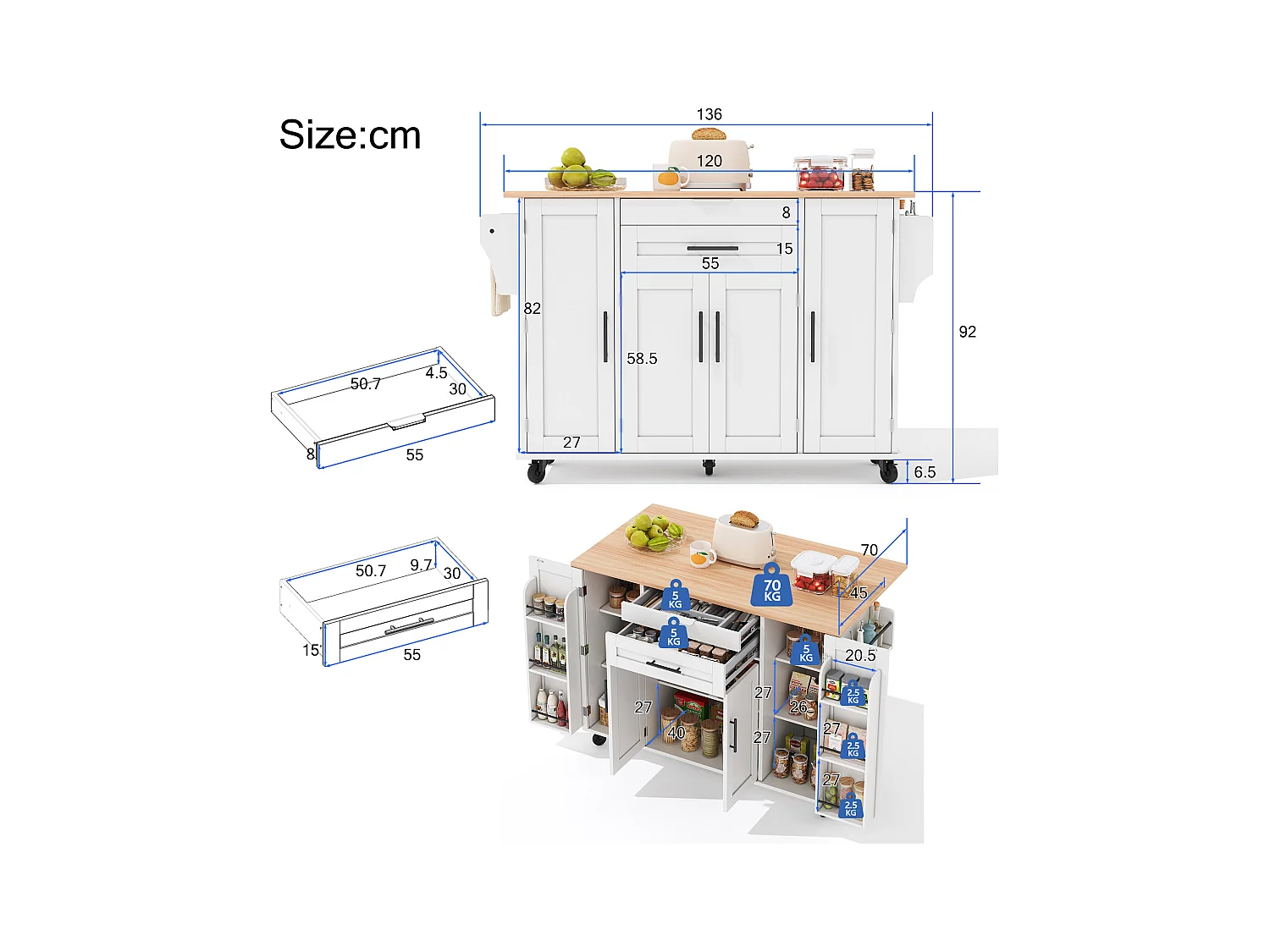 Îlot central mobile avec plan de travail extensible + 2 tiroirs + 4 portes - 136 x 45/70 x 92 cm - MDF - blanc
