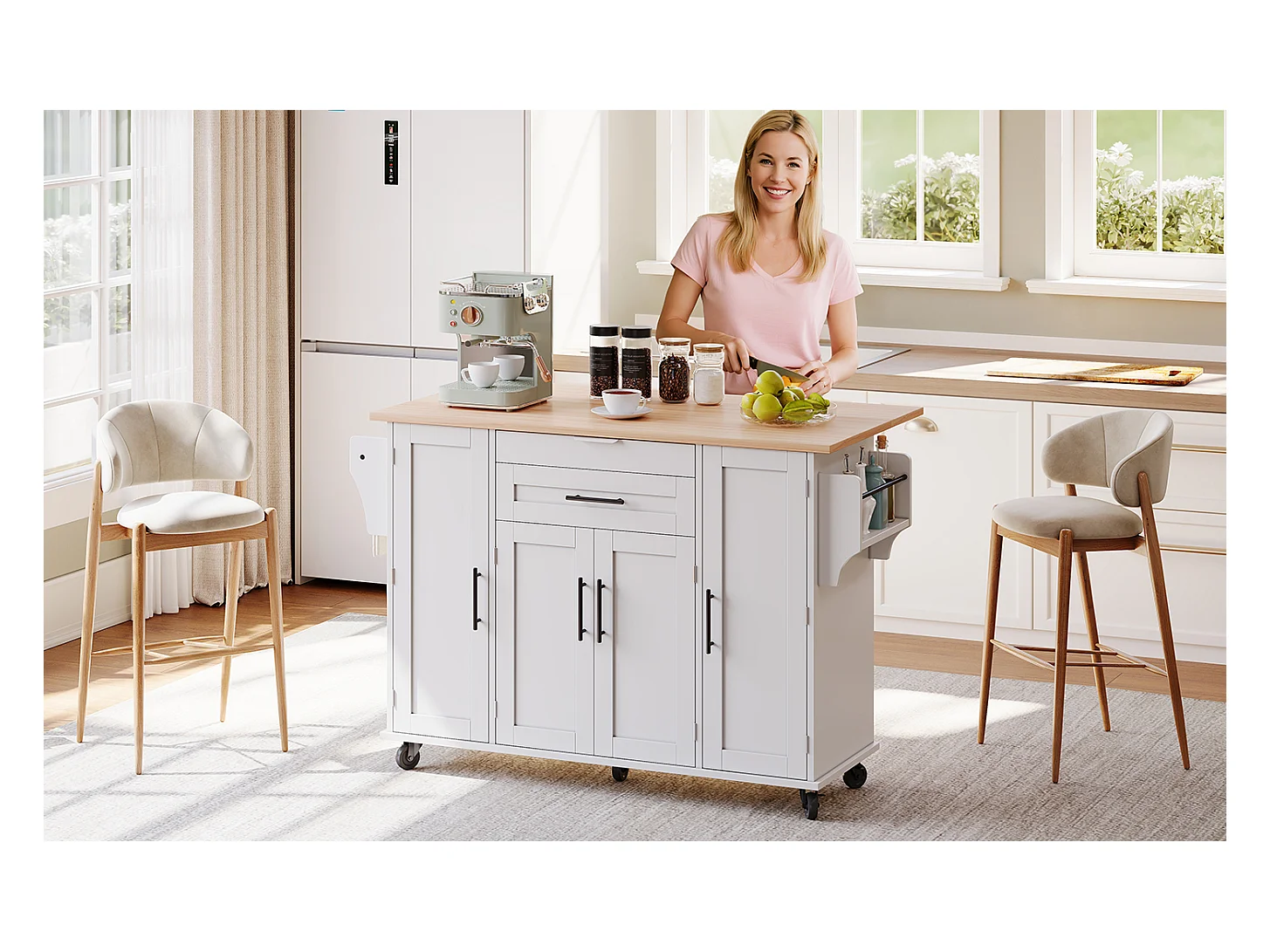 Îlot central mobile avec plan de travail extensible + 2 tiroirs + 4 portes - 136 x 45/70 x 92 cm - MDF - blanc