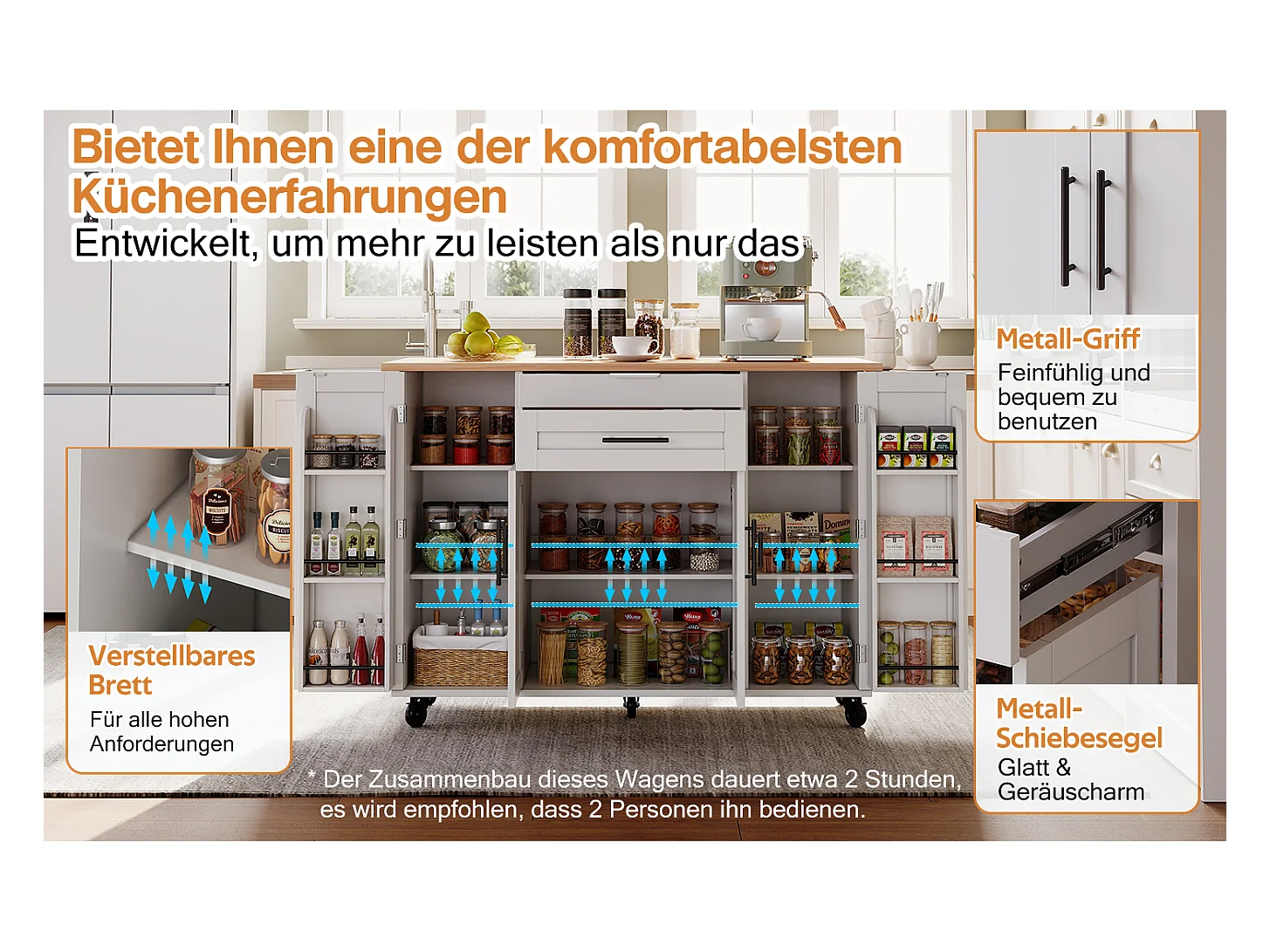 Îlot central mobile avec plan de travail extensible + 2 tiroirs + 4 portes - 136 x 45/70 x 92 cm - MDF - blanc