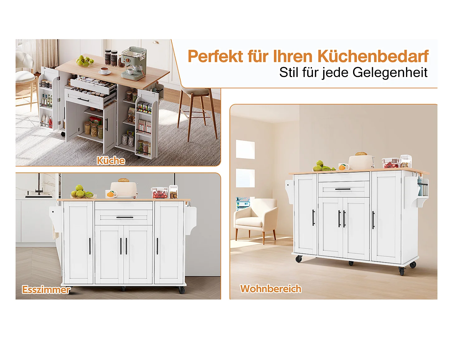 Îlot central mobile avec plan de travail extensible + 2 tiroirs + 4 portes - 136 x 45/70 x 92 cm - MDF - blanc