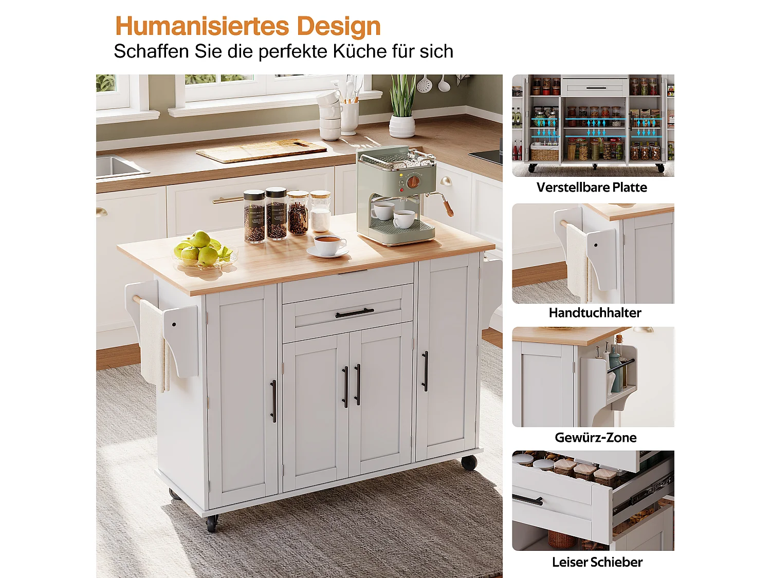 Îlot central mobile avec plan de travail extensible + 2 tiroirs + 4 portes - 136 x 45/70 x 92 cm - MDF - blanc