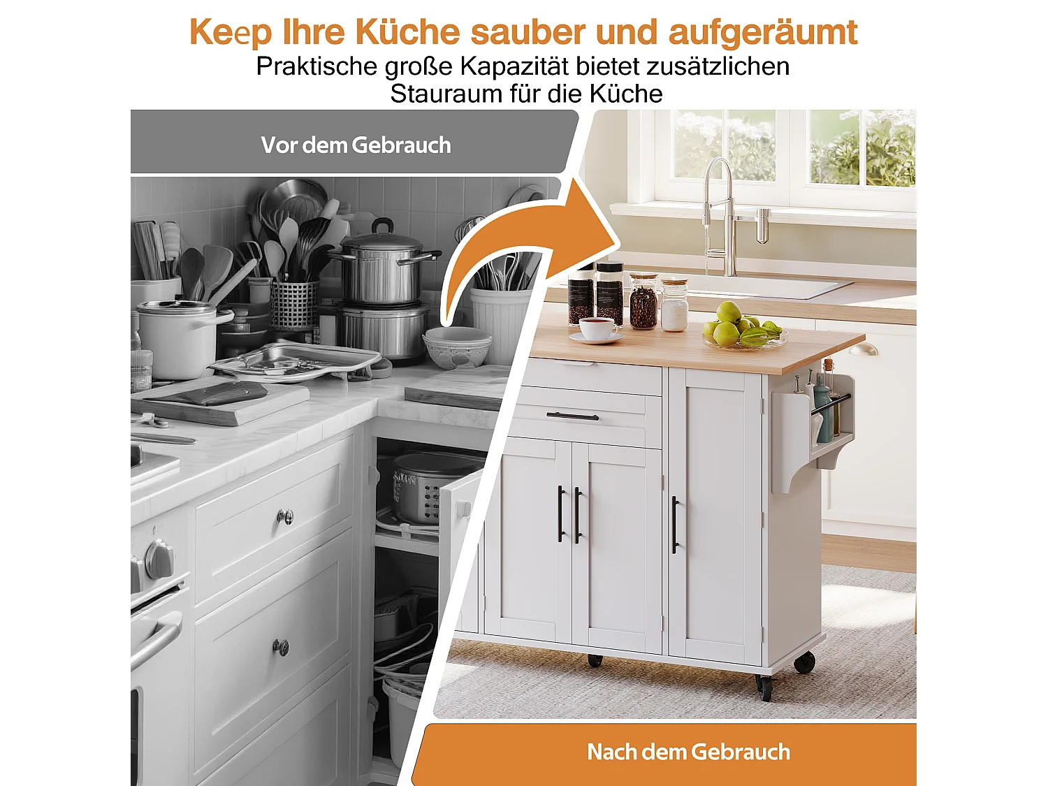 Îlot central mobile avec plan de travail extensible + 2 tiroirs + 4 portes - 136 x 45/70 x 92 cm - MDF - blanc