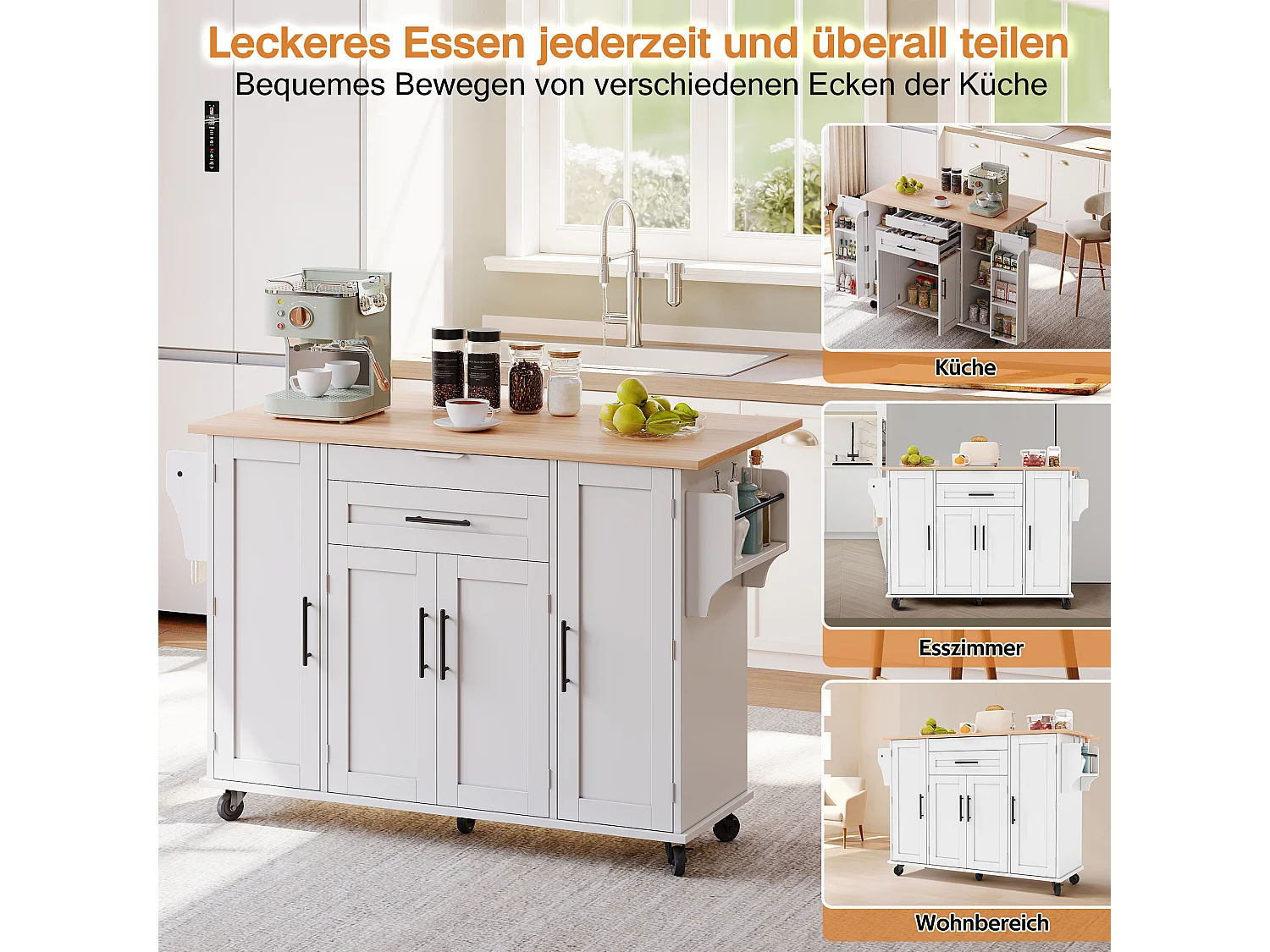 Îlot central mobile avec plan de travail extensible + 2 tiroirs + 4 portes - 136 x 45/70 x 92 cm - MDF - blanc