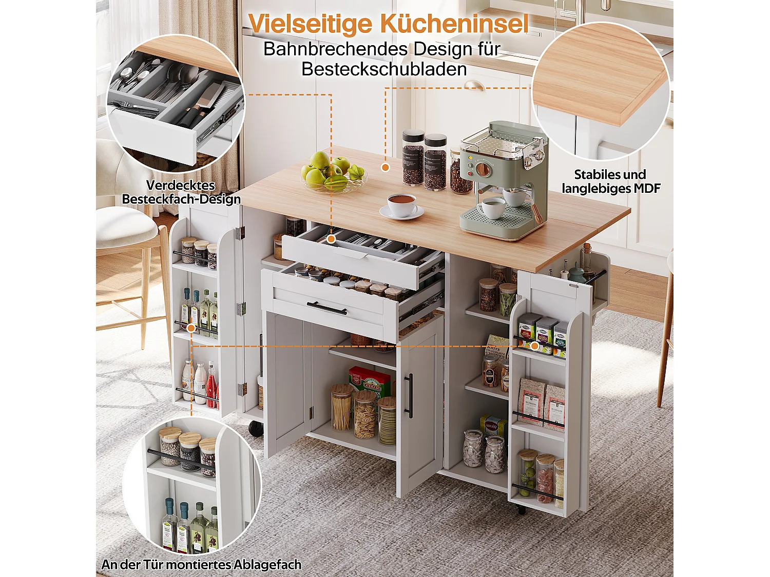 Îlot central mobile avec plan de travail extensible + 2 tiroirs + 4 portes - 136 x 45/70 x 92 cm - MDF - blanc