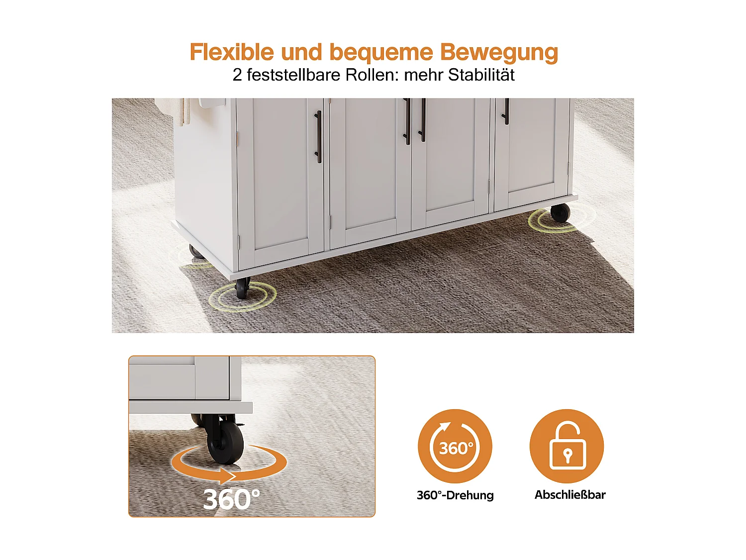 Îlot central mobile avec plan de travail extensible + 2 tiroirs + 4 portes - 136 x 45/70 x 92 cm - MDF - blanc