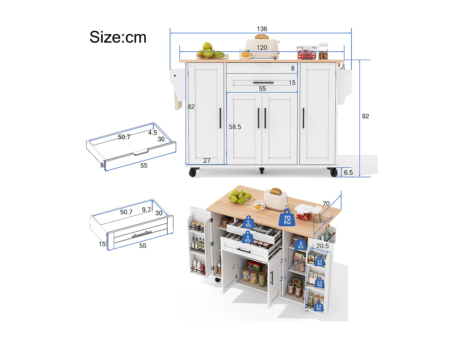 Îlot central mobile avec plan de travail extensible + 2 tiroirs + 4 portes - 136 x 45/70 x 92 cm - MDF - blanc