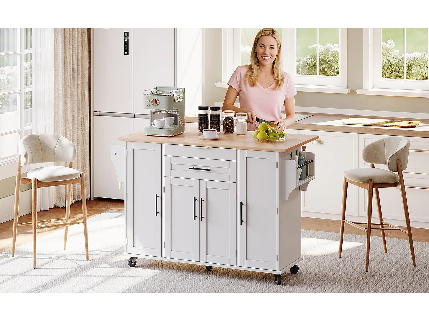 Îlot central mobile avec plan de travail extensible + 2 tiroirs + 4 portes - 136 x 45/70 x 92 cm - MDF - blanc