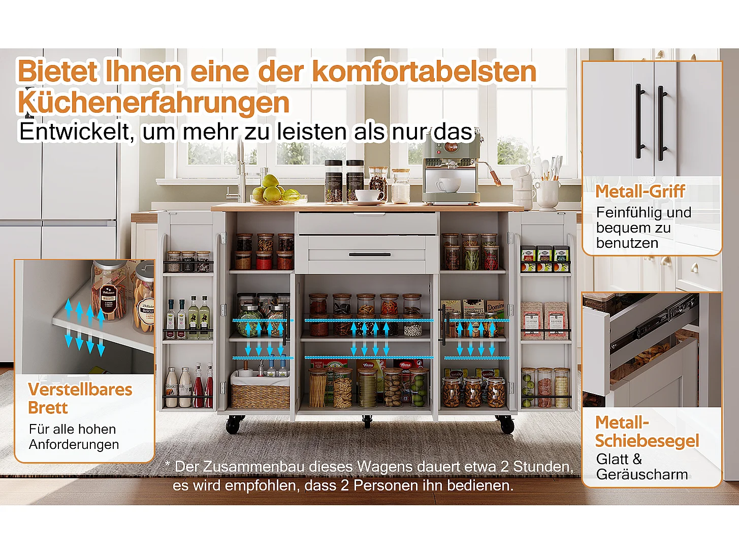 Îlot central mobile avec plan de travail extensible + 2 tiroirs + 4 portes - 136 x 45/70 x 92 cm - MDF - blanc