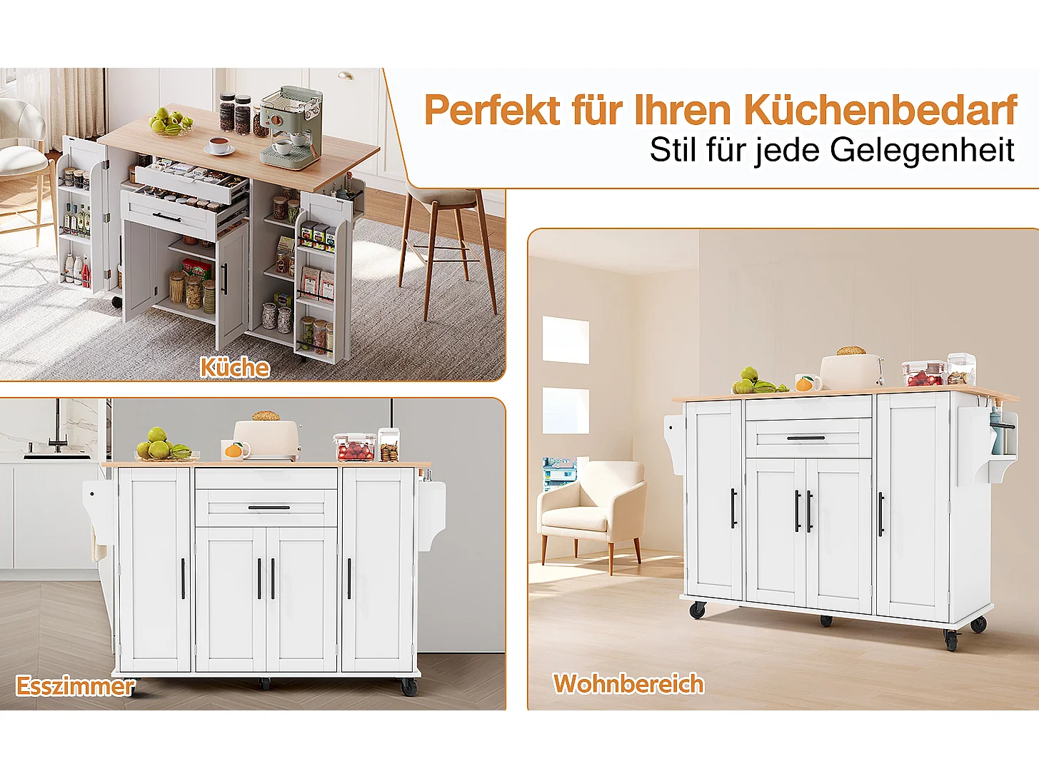 Îlot central mobile avec plan de travail extensible + 2 tiroirs + 4 portes - 136 x 45/70 x 92 cm - MDF - blanc