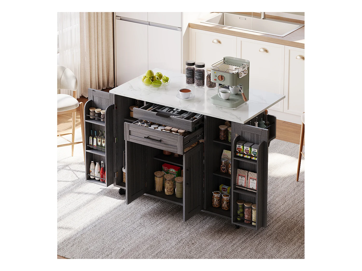 Îlot central mobile avec plan de travail extensible + 2 tiroirs + 4 portes - 136 x 45/70 x 92 cm - MDF - gris