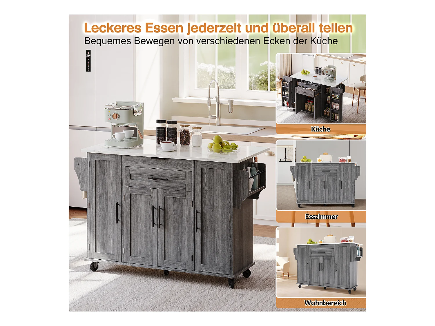 Îlot central mobile avec plan de travail extensible + 2 tiroirs + 4 portes - 136 x 45/70 x 92 cm - MDF - gris