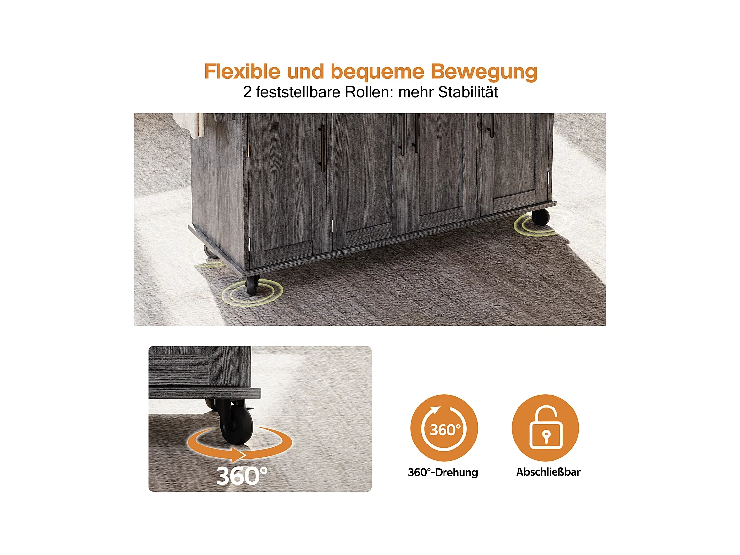 Îlot central mobile avec plan de travail extensible + 2 tiroirs + 4 portes - 136 x 45/70 x 92 cm - MDF - gris