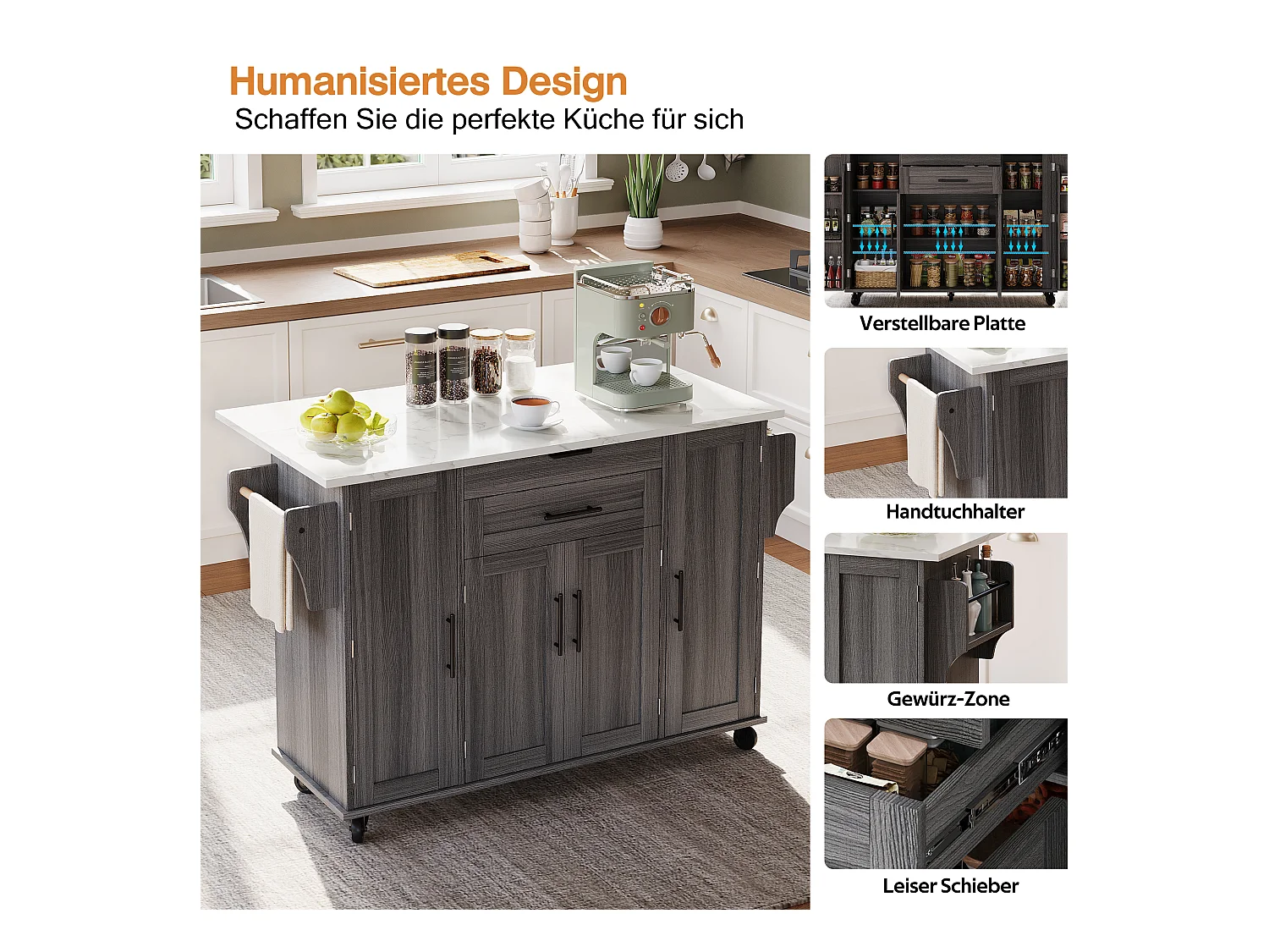 Îlot central mobile avec plan de travail extensible + 2 tiroirs + 4 portes - 136 x 45/70 x 92 cm - MDF - gris