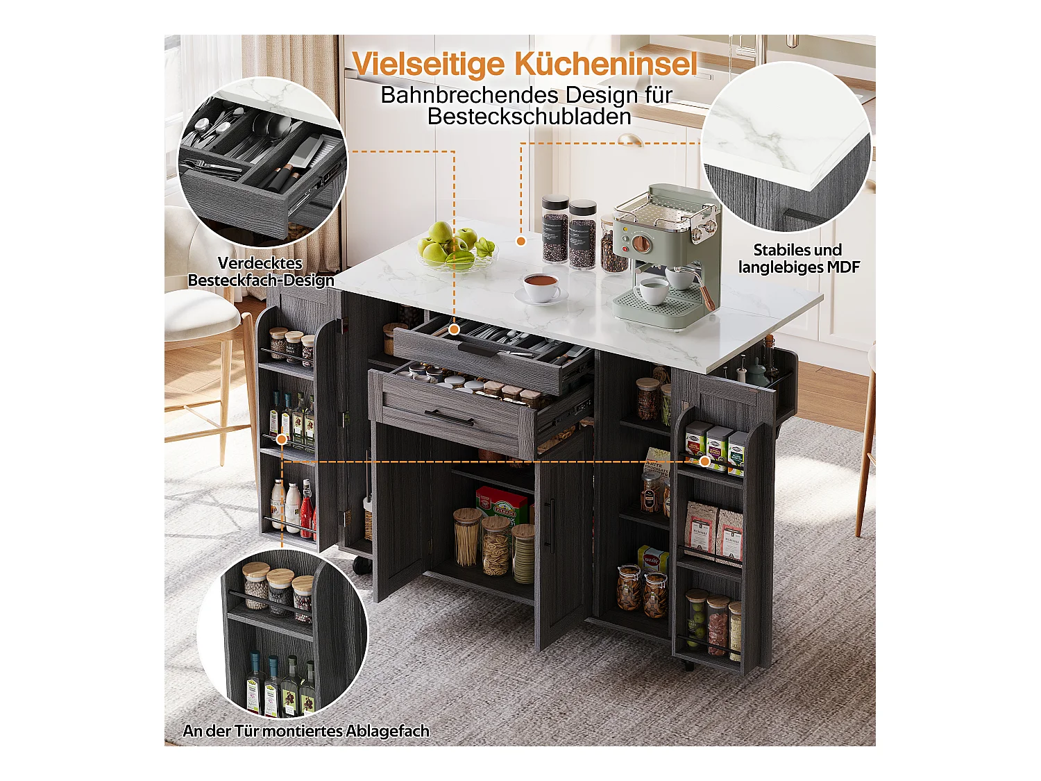 Îlot central mobile avec plan de travail extensible + 2 tiroirs + 4 portes - 136 x 45/70 x 92 cm - MDF - gris