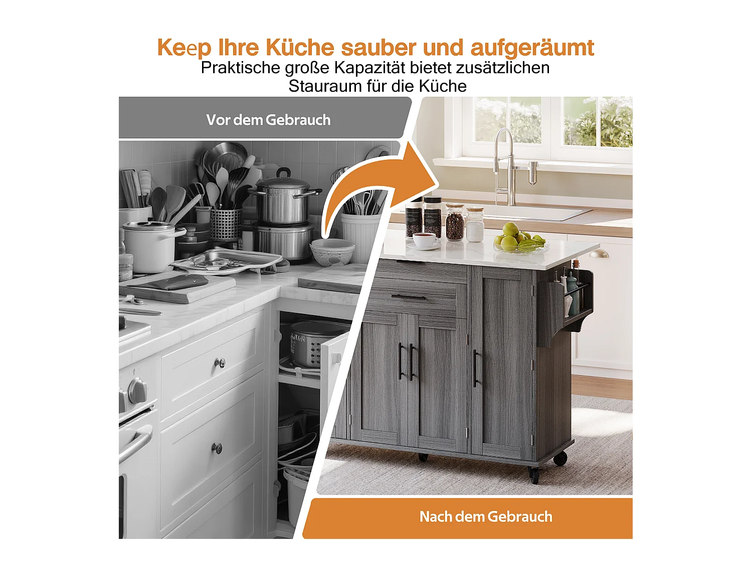 Îlot central mobile avec plan de travail extensible + 2 tiroirs + 4 portes - 136 x 45/70 x 92 cm - MDF - gris