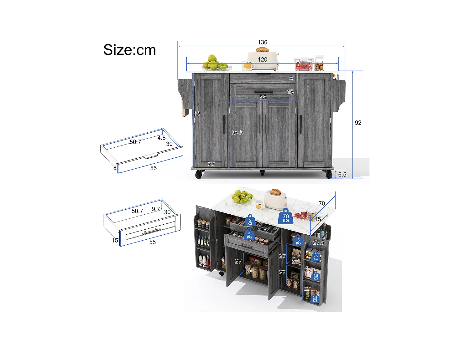Îlot central mobile avec plan de travail extensible + 2 tiroirs + 4 portes - 136 x 45/70 x 92 cm - MDF - gris
