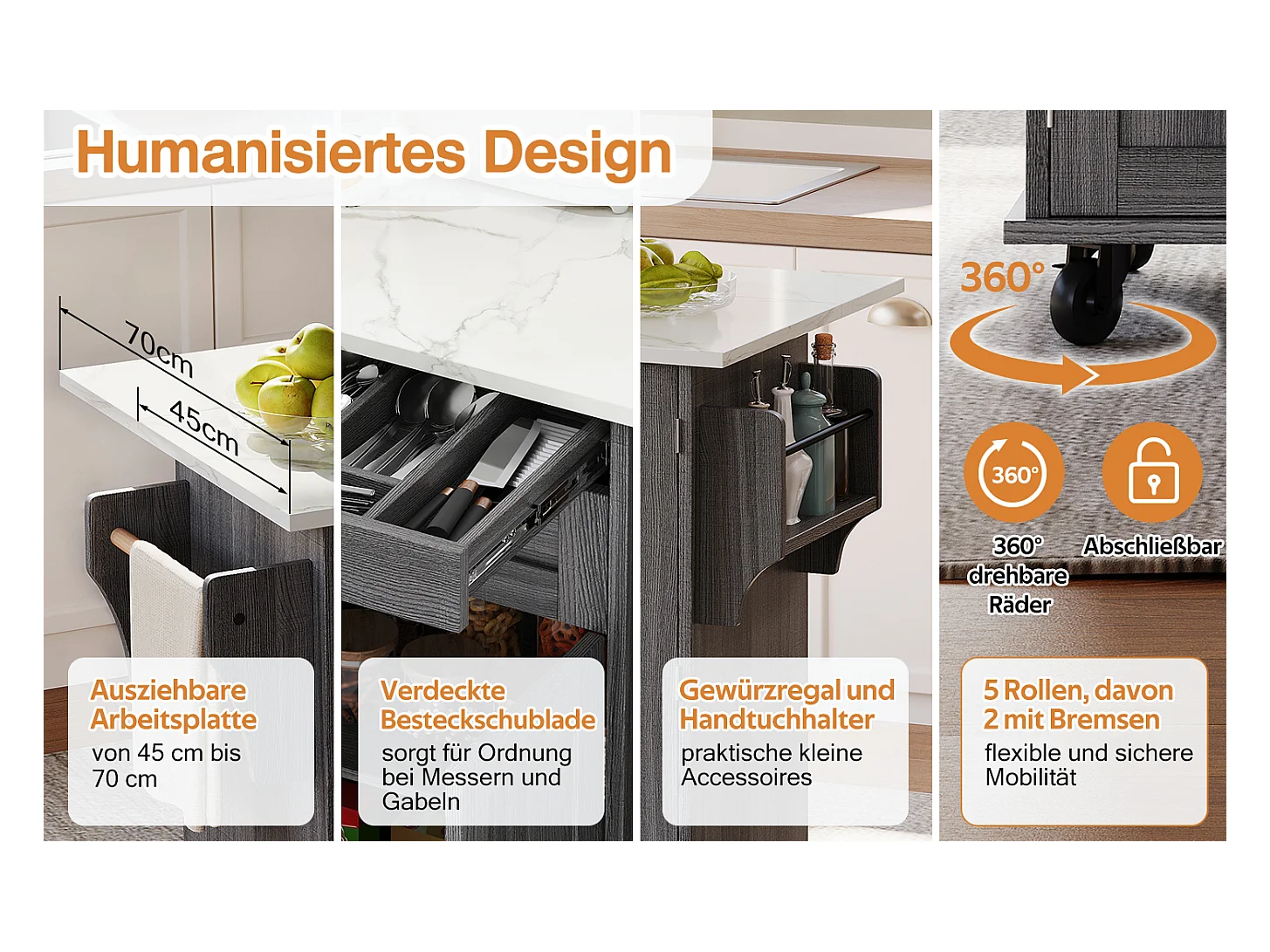 Îlot central mobile avec plan de travail extensible + 2 tiroirs + 4 portes - 136 x 45/70 x 92 cm - MDF - gris