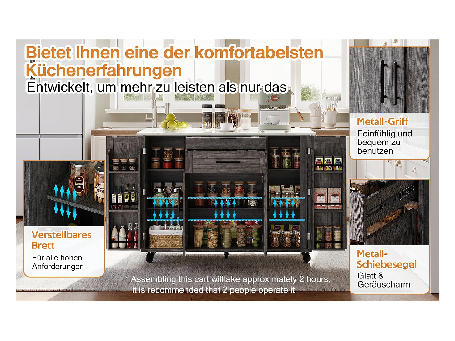 Îlot central mobile avec plan de travail extensible + 2 tiroirs + 4 portes - 136 x 45/70 x 92 cm - MDF - gris