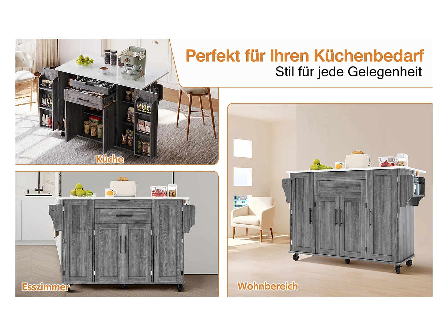 Îlot central mobile avec plan de travail extensible + 2 tiroirs + 4 portes - 136 x 45/70 x 92 cm - MDF - gris