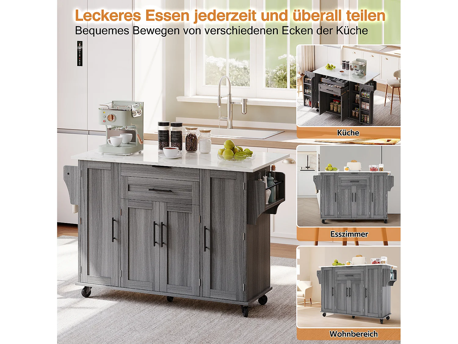 Isola centrale mobile con piano di lavoro estensibile + 2 cassetti + 4 ante - 136 x 45/70 x 92 cm - MDF - grigio