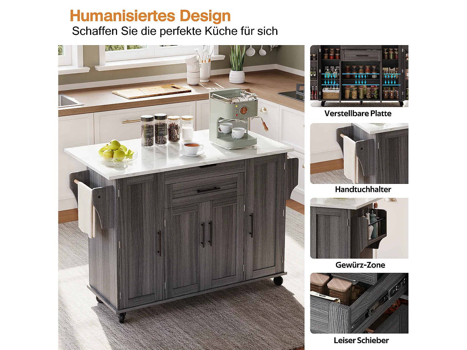 Isola centrale mobile con piano di lavoro estensibile + 2 cassetti + 4 ante - 136 x 45/70 x 92 cm - MDF - grigio