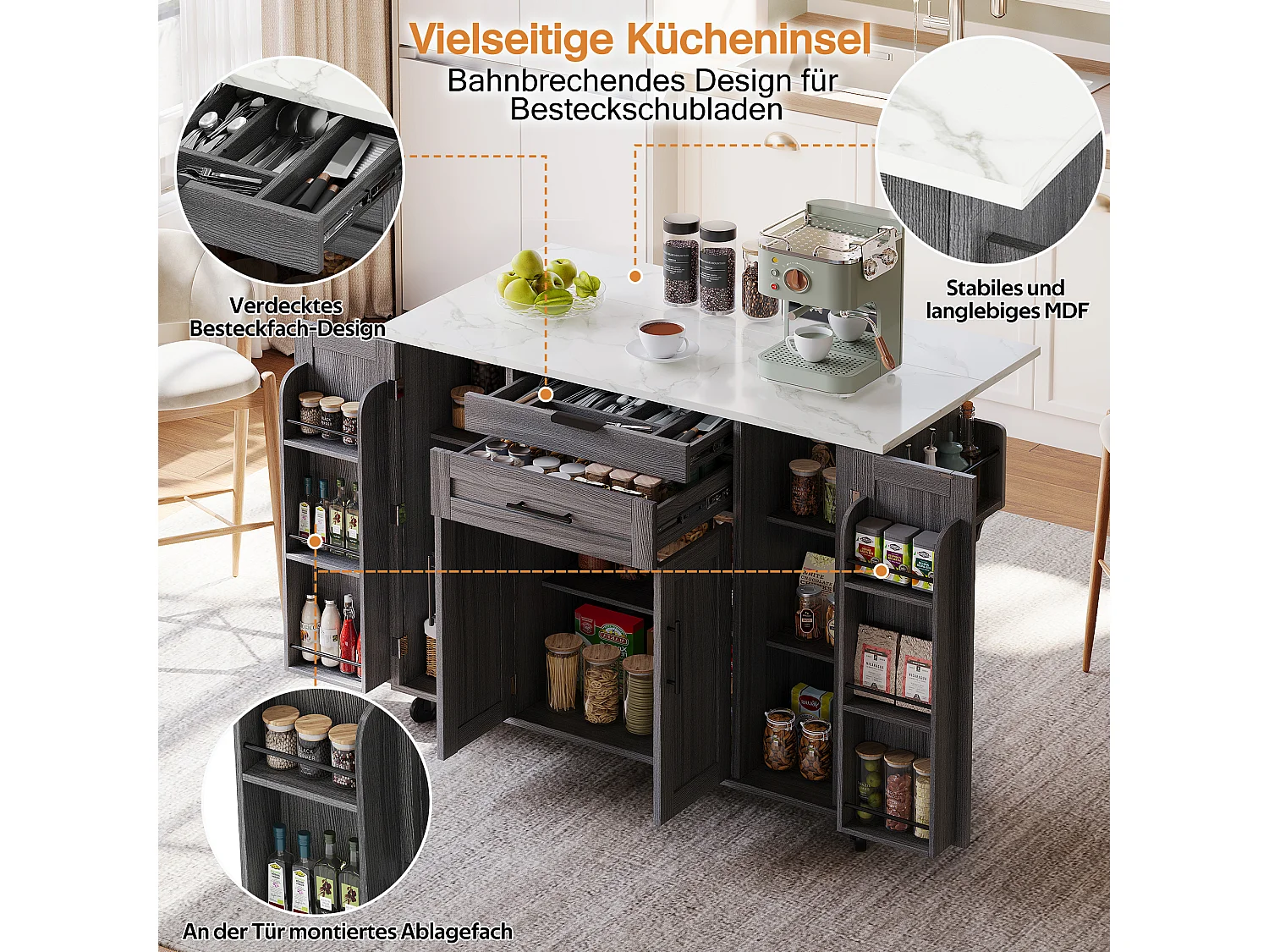 Isola centrale mobile con piano di lavoro estensibile + 2 cassetti + 4 ante - 136 x 45/70 x 92 cm - MDF - grigio