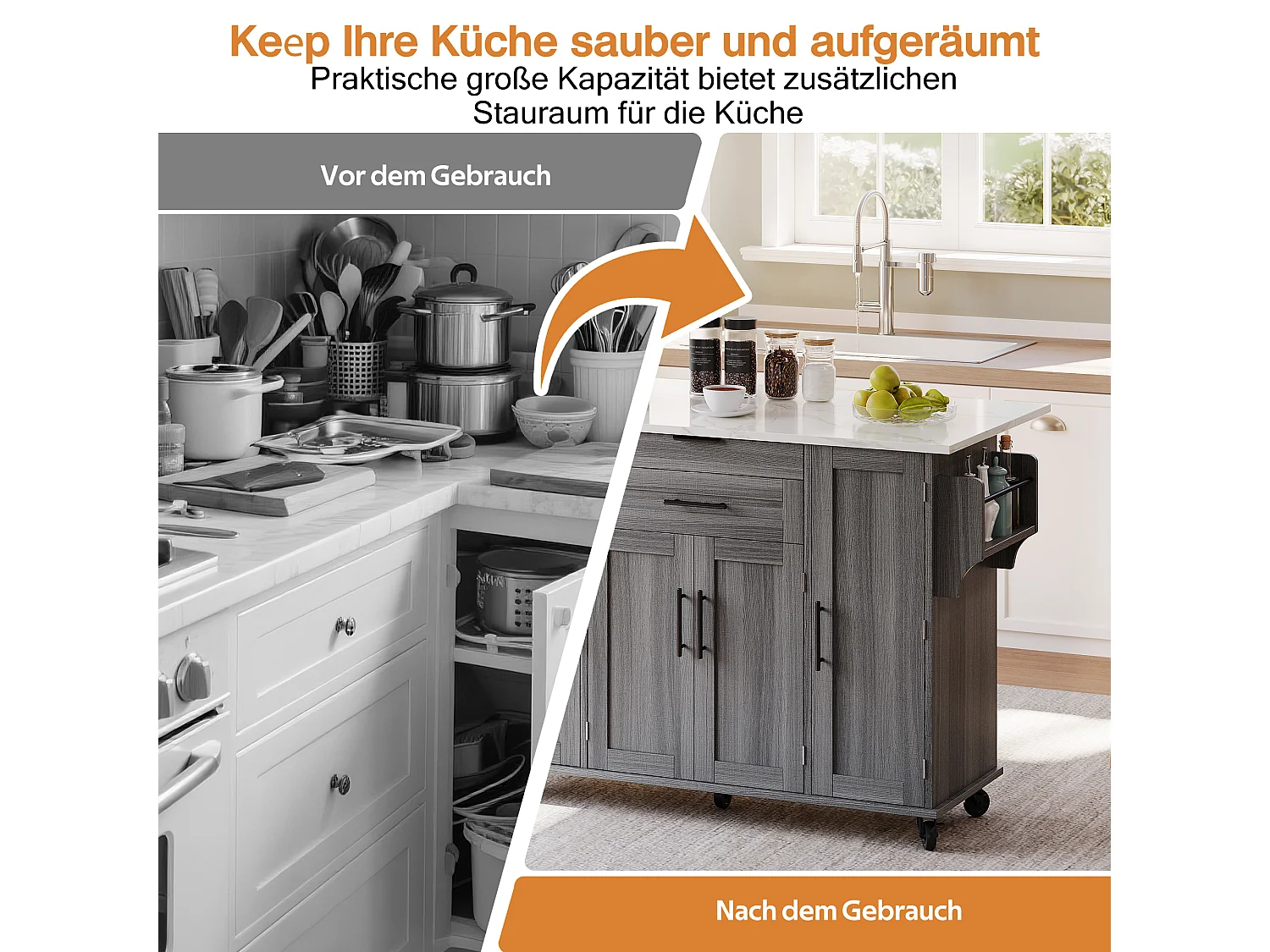 Isola centrale mobile con piano di lavoro estensibile + 2 cassetti + 4 ante - 136 x 45/70 x 92 cm - MDF - grigio