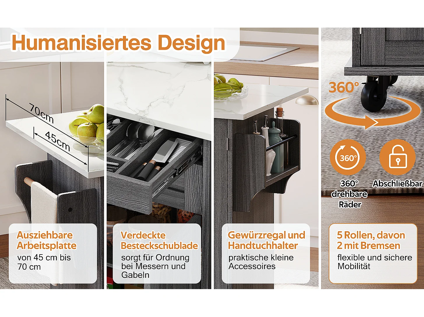 Isola centrale mobile con piano di lavoro estensibile + 2 cassetti + 4 ante - 136 x 45/70 x 92 cm - MDF - grigio