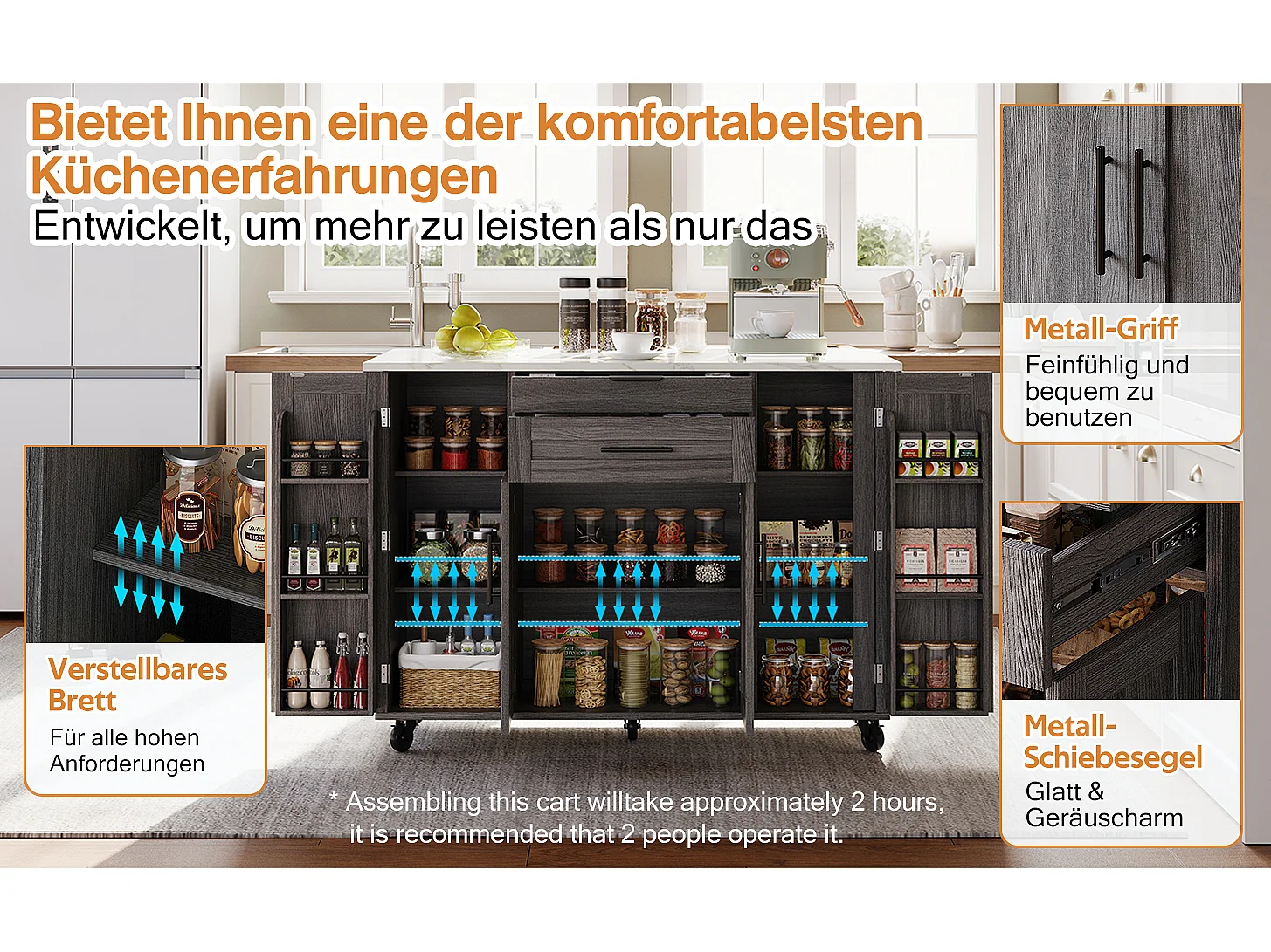 Isola centrale mobile con piano di lavoro estensibile + 2 cassetti + 4 ante - 136 x 45/70 x 92 cm - MDF - grigio