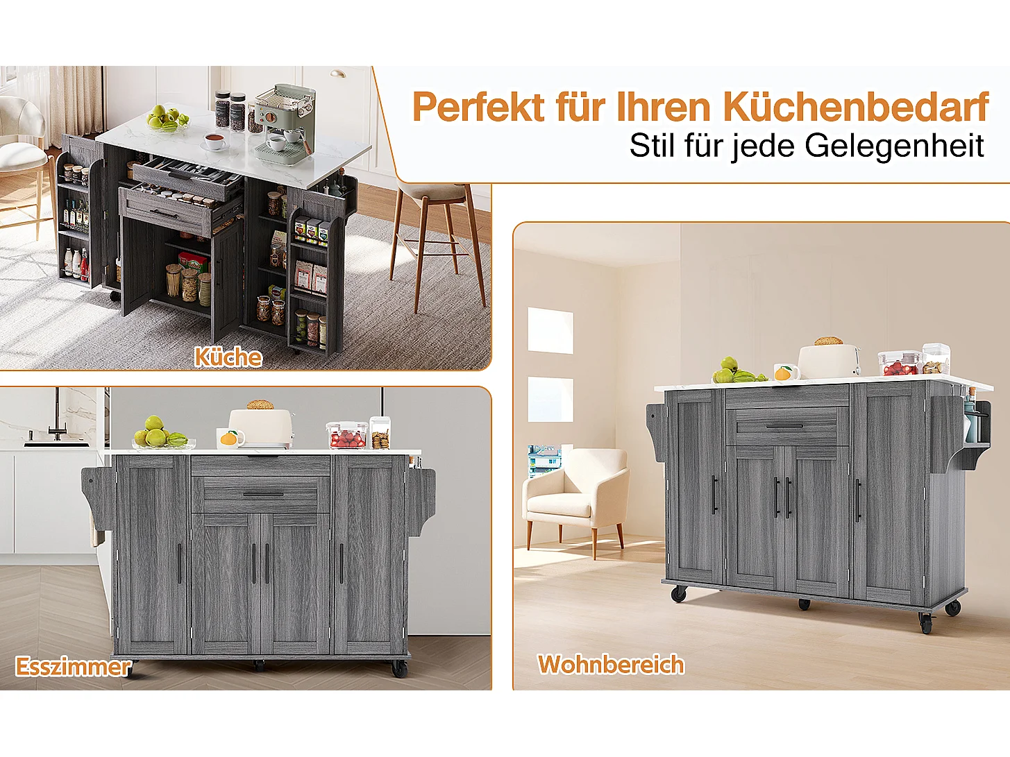 Isola centrale mobile con piano di lavoro estensibile + 2 cassetti + 4 ante - 136 x 45/70 x 92 cm - MDF - grigio