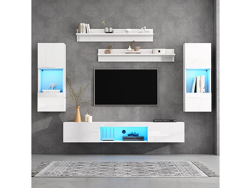 5-teiliges TV-Wohnwand-Set mit LEDs - Fernsehschrank + 2 Hängeschränke + 2 Hängeregale - Spanplatte - Weiß