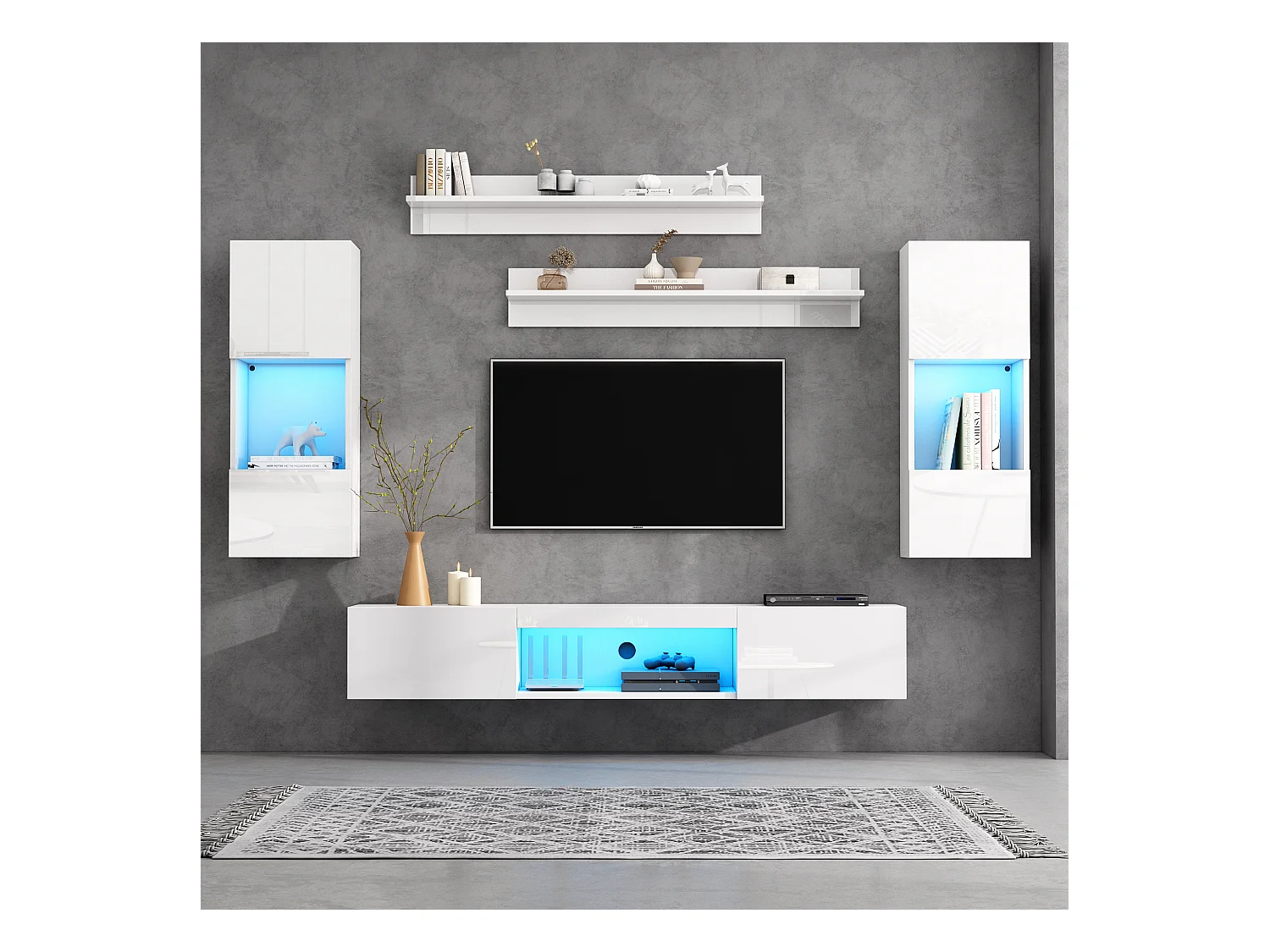 5-teiliges TV-Wohnwand-Set mit LEDs - Fernsehschrank + 2 Hängeschränke + 2 Hängeregale - Spanplatte - Weiß