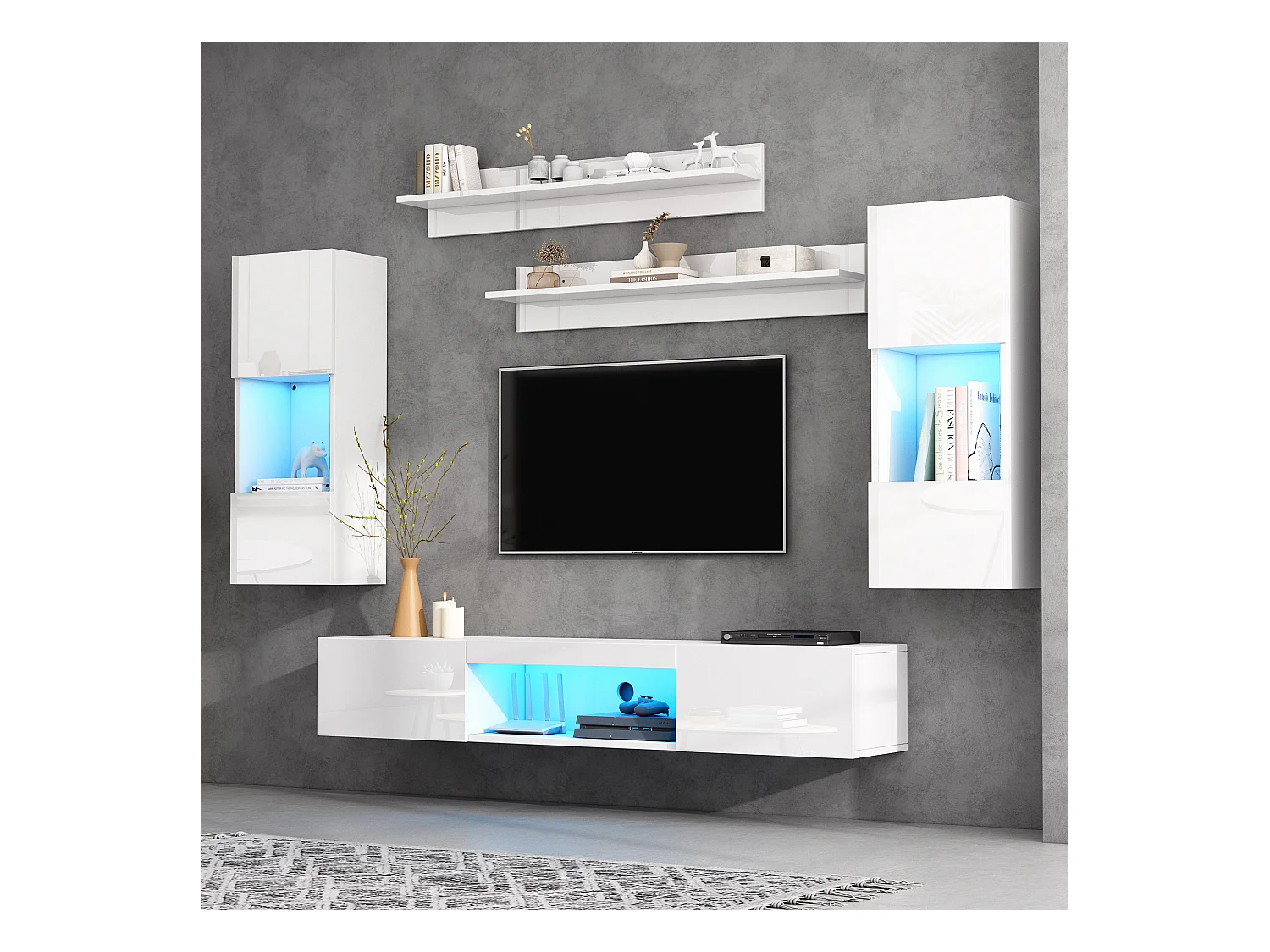 5-teiliges TV-Wohnwand-Set mit LEDs - Fernsehschrank + 2 Hängeschränke + 2 Hängeregale - Spanplatte - Weiß